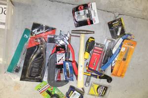 lot 201 image: Lot of Hand Tools (new) - Pliers, C-Clamps, Pressure Gauge, Wire Brush, Screwdriving Accessories, Vise Grip Pliers, Crescent Wrench, Hammer, And More