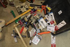 lot 156 image: Lot of PaintingDrywall Tools and Supplies (new) - Scrapers, Paint Brushes, Stir Sticks, Caulk Guns, Brushes, Hooks, And More