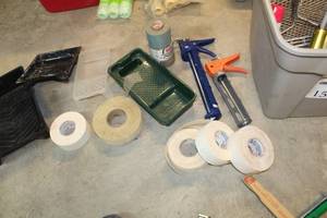 lot 157 image: Lot of PaintingDrywall Supplies  - Joint Tape, Caulk Guns, Paint Trays, DAP Subfloor Adhesive, Rollers, Plastic Sheeting, And More