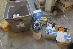 lot 158 image: Lot of PaintingDrywall Supplies  (new) - Drywall Joint Tape, Window and Door Silicone Sealant Strips, Loctite Premium Construction Adhesive, Steel Wool #3, Kilz Original Aerosol Cans, And More