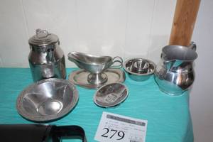 lot 279 image: Lot of (19) Silver Set - Pitcher (x2), Dish, Gravy Boat with Tray, Bowl, Small Bowl, Small Dip Cups (x12)