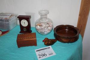 lot 296 image: Lot of (5) Wood Home Dcor - Early Times Whiskey Clock, Jewelry Box, Vase with Shells, Duck, Salad Bowl