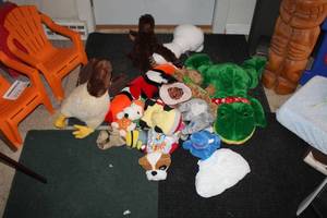lot 338 image: Lot of Childrens Plush Toys - Dogs, Frogs, Rooster, Elephant, and more