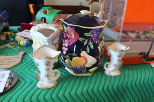 lot 324 image: Lot of (4) Ceramic Table Dcor - Pitcher, Vases (x2), Fruit Theme Cookie Jar