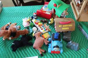 lot 330 image: Lot of Childrens Toys - Horses, Train, Farm Animals, Barn, Clock and more