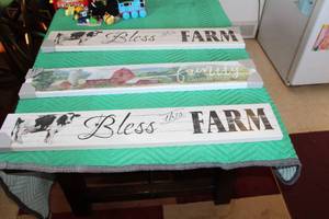 lot 308 image: Lot of (3) Farm and Family Wall Art - Bless This Farm (x2), Family Gathers Here (x1)