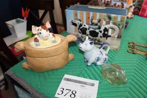 lot 378 image: Cow and Pig Table Dcor - Cow Cookie Jar, Pig Piggy Bank, Pig Ceramic, Kitchen Creations Ceramic Tea Pot Cow
