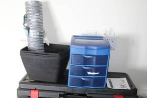 lot 390 image: Plastic Storage Cabinet 3-drawer, Foldable Storage Containers (x3), Round Baskets (Approximately x24)