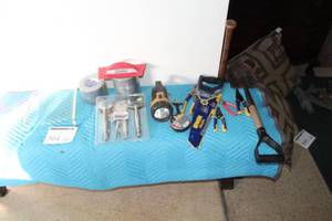 lot 364 image: Irwin Hand Saw, Spade, Pliers, Flashlight, Rolls of Duct Tape, Plier Set 3-piece