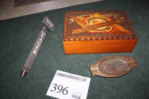 lot 396 image: Samual Adams Lager Beer Tap, Ash Tray, Wood Cigar Box