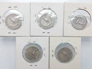 5 Washington Silver Quarters 1940s