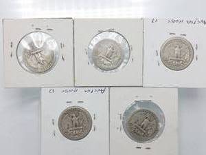 5 Washington Silver Quarters 1943s