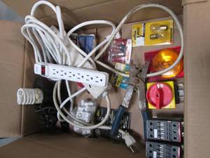 lot 63 image: Box of household goodies. Power str...