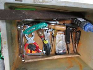 lot 69 image: Parts bin with wrenches, files, pli...