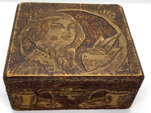 lot 67 image: Flemish Art Co Wooden Box- Pyrography with Native American Maiden