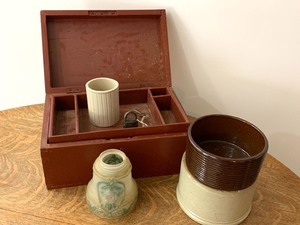 lot 49 image: Primitive Wood Box, Crock, Vintage Glass GlobeShade and more