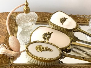 lot 88 image: Mirrored VanityDresser Tray with 1950s Vanity Set & Perfume Bottles