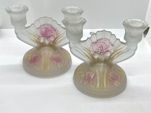 lot 105 image: Pair of Frosted Iris Pattern Candle Holders