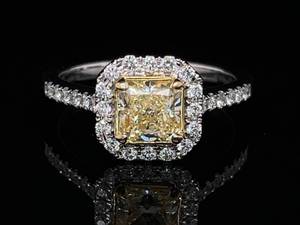 lot 2 image: 1.20 Carat Natural Fancy Yellow and White Diamond Radiant Cut Halo Ring in 18k White Gold $14,500 Retail