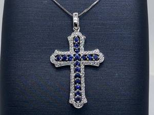 lot 34 image: Fancy Natural Blue Sapphire and Diamond Cross Pendant in 14k White Gold $2,600 Retail