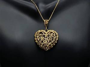 lot 90 image: Romantic Filigree Heart Necklace and Chain in Gold over Sterling Silver