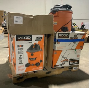 PALLET OF RIDGID TILE SAWS AND SHOP VACS SEE PICS