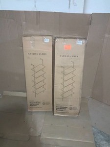 2 NEW NATHAN JAMES Theo Dark Walnut Brown 5-Shelf Ladder Bookcase or Bookshelf with Black Metal Frame SEE PICS