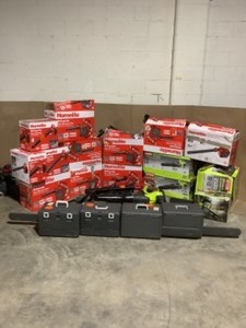 HUGE PALLET WITH RYOBI & HOMELITE OUTDOOR TOOLSCHAINSAWS AND BACKPACK BLOWER SEE PICS