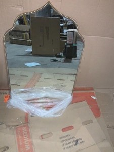 HOME DECORATORS COLLECTION Medium Ornate Arched Gold Antiqued Classic Accent Mirror (35 in. H x 24 in. W) NOT USED SEE PICS