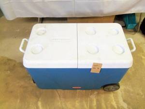 Big Blue and white cooler with hand...