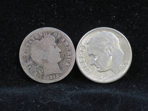 lot 113 image: 2 US Silver Dimes - Roosevelt, Barber