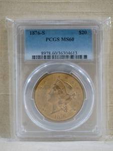 lot 1 image: 1876-S $20 Gold Liberty Head Coin - PCGS MS60