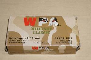 lot 39 image: Box of 50 WPA Military Classic 9mm Luger 115 Gr FMJ Ammo
