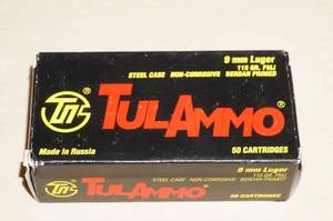 lot 42 image: Box of 50 TulAmmo 9mm Luger 115 Gr FMJ Ammo