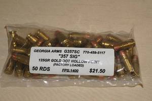 lot 49 image: Bag of 50 Georgia Arms .357 Sig 125 Gr Gold Dot HP Ammo