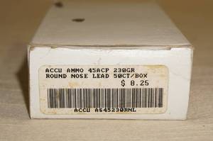 lot 61 image: Box of 50 Accu Ammo .45 ACP 230 Gr Round Nose Lead Ammo
