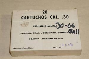 lot 82 image: Box of 20 Colombian .30-06 Ball Ammo