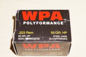 lot 86 image: Box of 20 WPA .223 Rem 55 Gr HP Ammo