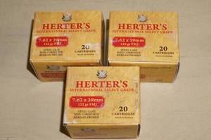 lot 91 image: 60 Rounds of Herters 7.62 x 39 122 Gr FMJ Ammo