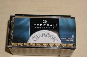 lot 98 image: Box of 50 Federal Champion .22 Win Mag 40 Gr FMJ Ammo