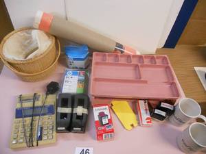 lot 46 image: Pink Office Organizer, Tape dispenser, Ink Jet Inks, Basket, Coffee Cups, Calculator
