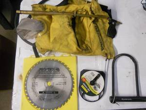 lot 47 image: Backpack liquid sprayer, Carbide Saw Blade, Master Lock, Sink Cleaner