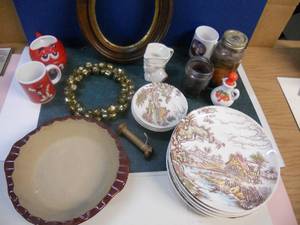 lot 127 image: Red M&M Cups, Pampered Chef Stoneware Pie Pan, Vintage Japan Dishes, Milk Glass Strawberry oil or creamer, and More