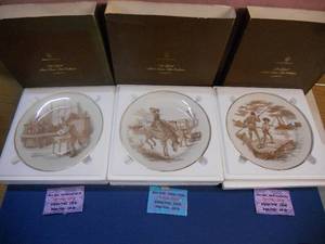 lot 139 image: Set of 3 Collector Plates from the Official Mark Twain Plate Collection Fingerprinting Pays Off, Riding a Bronco, and Rafting Down the River