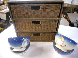 lot 97 image: 14-12x14-12x11 Wood Shelf with Rattan Drawers, 4 Snowman Bowls (One has a rim chip-see pics)