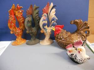 lot 156 image: 3 Tall Chickens, One Covered Chicken, One Double Chicken with Eggs in planter