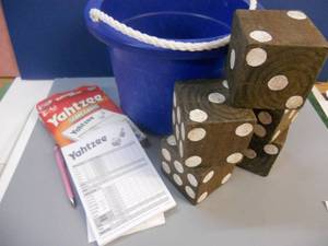 lot 112 image: Yahtzee Yard Game, Complete with Dice, Scorecards, Bucket