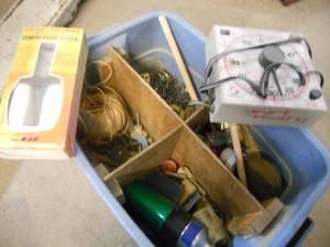 lot 115 image: Tote with divider - String, Compression Tester, Gralab Timer, More Random Items up for Grabs