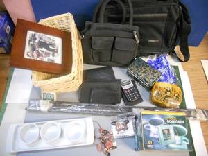 lot 121 image: Baskets, Jewelry, Wallets, New in Box Photo Coasters,  Decorated Paper Mache Box, and More