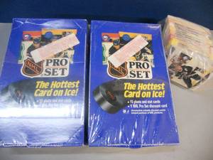 lot 15 image: NHL Pro Set Hockey Cards - New in Box Unopened 72 sealed wax packs -36 packs in each box - 2 boxes plus extras in bag 1990